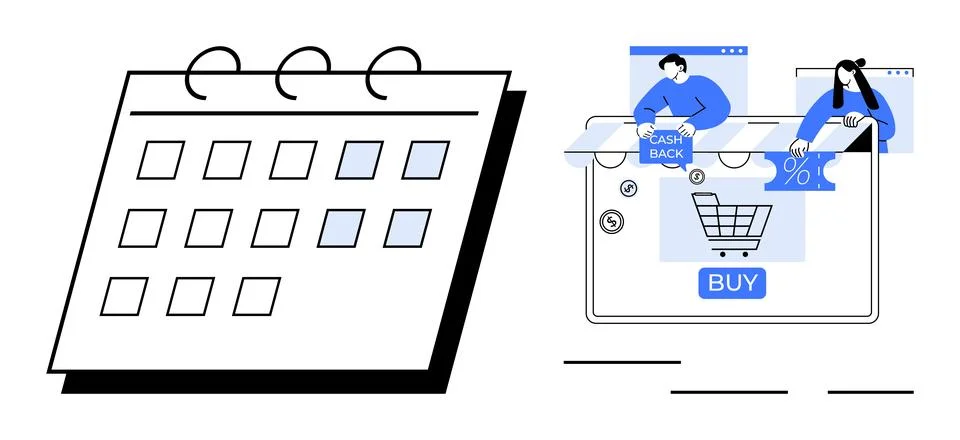 Large calendar next to a computer screen displaying online shopping elements  Stock-Illustration