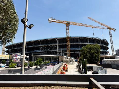 Large Camp Nou stadium under construction with cranes in Barcelona, Spain, .. Stock Photos