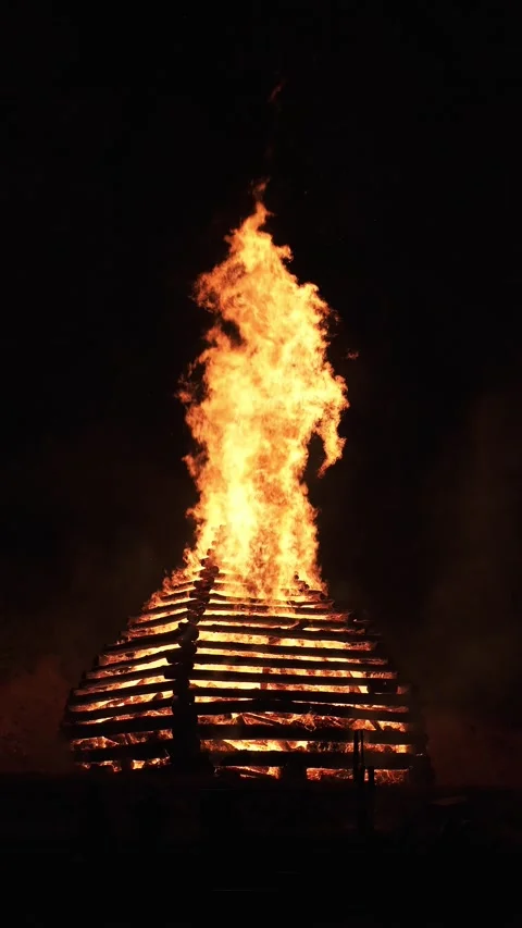 Large Campfire Burning on Summer Night, Vertical view Stock Footage 320994997