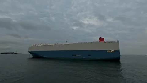 Large car carrier ship anchored in the sea under cloudy sky Stock Footage 344977812