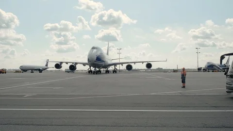 Large cargo airplane Boeing 747 of ABC - Air Bridge Cargo airlines taxiing Stock Footage 115962927