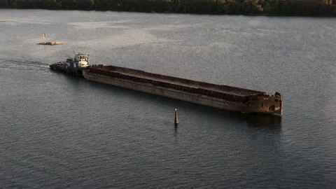 Large cargo barge without cargo sails along a wide river, top view Stock Footage 161006092