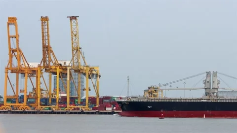 Large cargo bulk carrier ship navigating Chao Phraya river Stock Footage 345787750