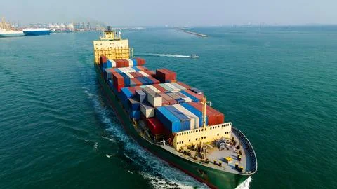 Large Cargo Container Ship Navigating Coastal Waters Toward Chon Buri Thailan Stock Photos