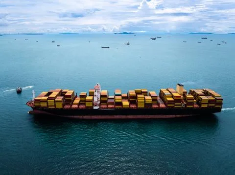 Large Cargo Container Ship Navigating Open Sea Near Chon Buri Thailand Wide.. Stock Photos