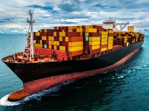 Large Cargo Container Ship Sailing Across The Ocean In Laem Chabang Chon Bu.. Stock Photos