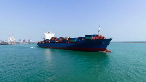Large Cargo Container Ship Sailing Near Laem Chabang Port In Chonburi Thail.. Stock Photos