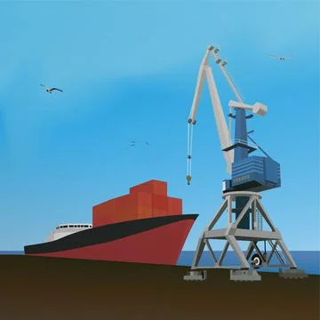 Large cargo crane and ship with containers in port. Stock-Illustration