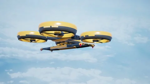 Large cargo drone with spreader for containers during flight. 動画素材 93300444