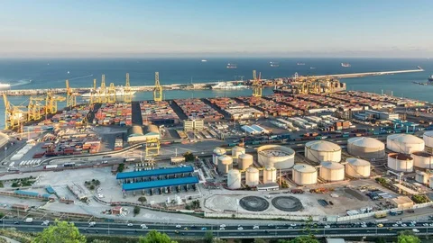 Large cargo port in Barcelona. Panoramic view. Stock Footage 82776144