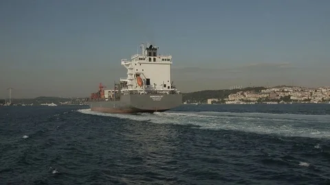 Large cargo ship in the Bosphorus duct Stockbeeldmateriaal 110815001