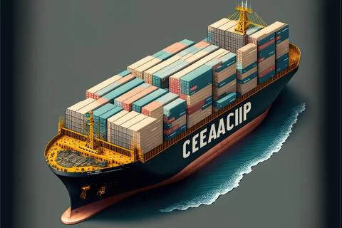 A large cargo ship with containers on it's side in the ocean with a crane o.. Stock Illustration