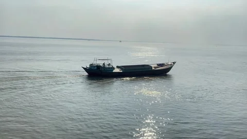 Large cargo ship grain carrier tanker in sea on sunny day, padma river, Stock Footage 285850362
