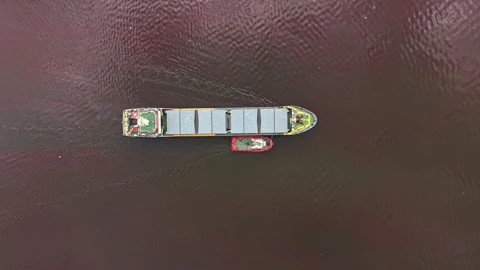Large cargo ship moves along the water with a tugboat assisting it near a busy Stock Footage 341129161