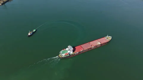 Large cargo ship moves through calm water while small tugboat assists in Stock Footage 335387234