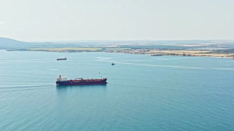 Large cargo ship navigates through the sea near coastal area during daytime on a Vídeo Stock 341377634