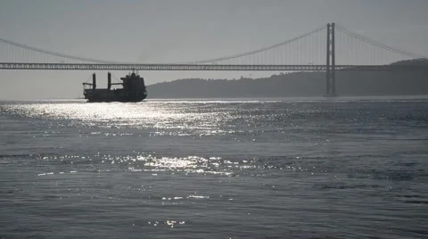 Large cargo ship sailing on Tagus River. Video stock 48978604