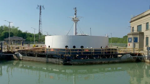 Large Cargo Ship Waiting for Water Levels to Rise at Lock 1 of Welland Canal Stock Footage 91636752