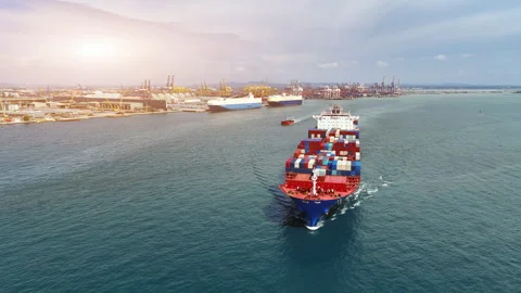 Large cargo ships full of containers sailing in an industrial zone Stock Footage 285144110