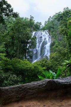 Large Cascading Waterfall Flowing Through Dense Tropical Rainforest Ground .. 库存照片