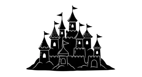 A large castle with many towers and flags on top Stock Illustration