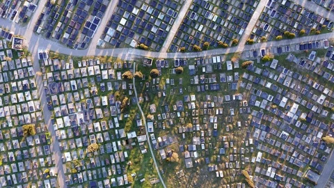 Large cemetery - top down view: Alleys between blocks of tombs Stock Footage 127288659