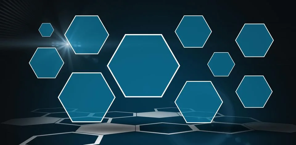 Large central hexagon panel floating above tiled floor in futuristic interface イラスト素材