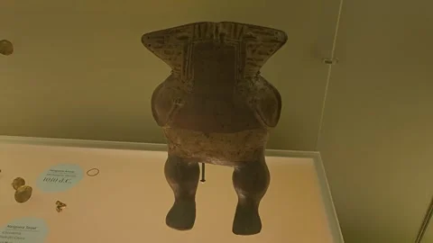 Large Ceramic Figure With Label and Small Gold Items, Museo del Oro, Colombia 8K Video stock 331516815