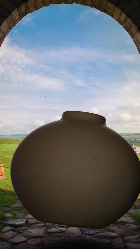 Large ceramic vase under stone arch with countryside view. 3D render Stock Footage 288981635