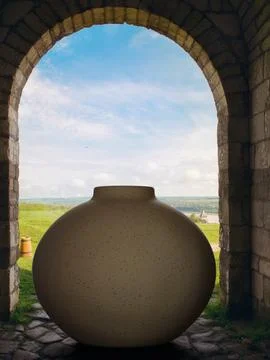 Large ceramic vase under stone arch with countryside view Stock Illustration