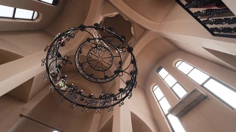 Large chandelier on the ceiling with handmade items . Stock Footage 128663361