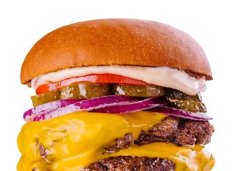 Large cheeseburger with two beef patties grilled Stock Photos