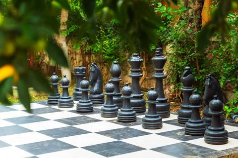 A large chess board featuring oversized giant chess pieces placed on it Stock Photos