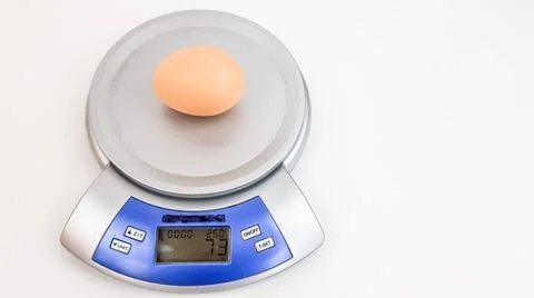 A large chicken egg is weighed on a kitchen scale. the image is isolated on w Stock Photos
