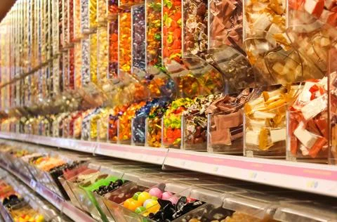 Large choice of sweets in a candy shop Stock Photos