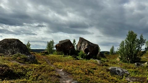 Large chopped in half stone on a background of trees tundra. Stock Footage 68536216