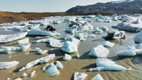 Large Chunks of Ice Float in Brown Glacier Lagoon in Iceland Global Warming And 스톡 동영상 243762949