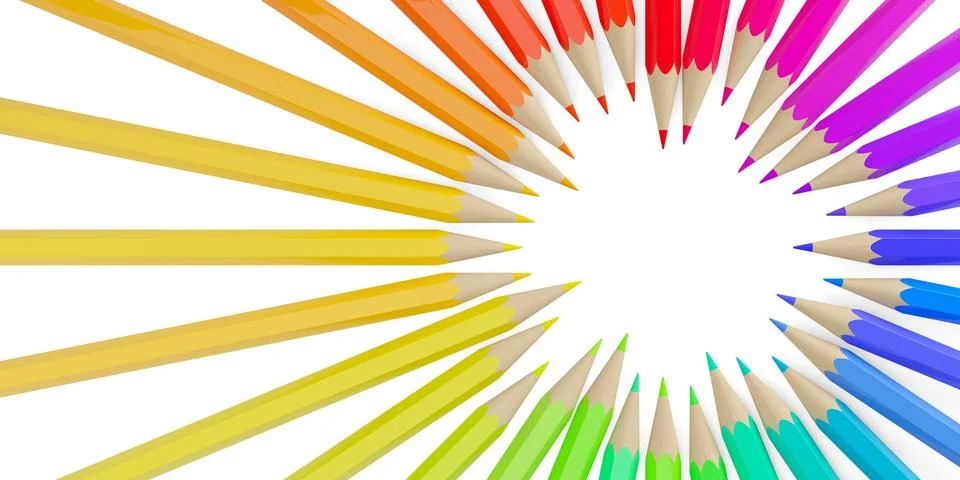 Large circle of rainbow or spectrum palette colored pencils randomly shifte.. Stock Illustration