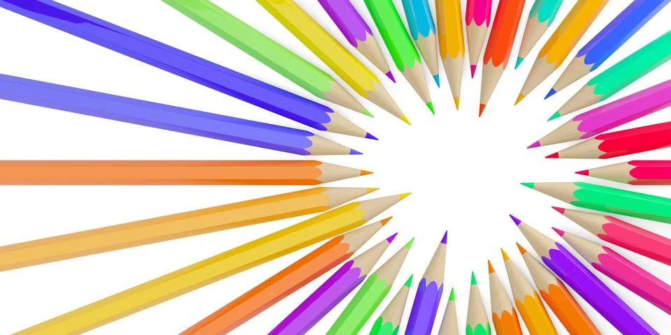 Large circle of randomly colored pencils offset on white background with co.. Stock Illustration