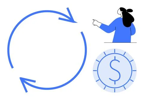 Large circular arrow with a currency symbol next to a person pointing. Ideal  Ilustração Stock