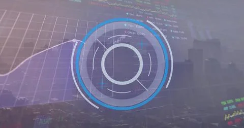 Large circular digital interface overlaying hazy city skyline with financial Photos