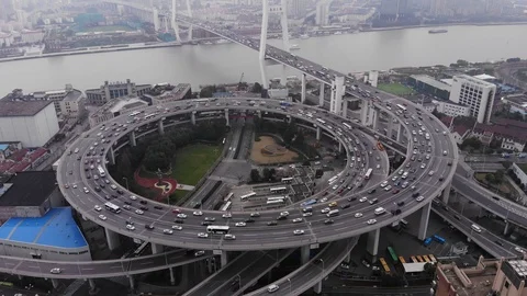 Large circular junction of Nanpu bridge, panoramic shot from air Stock Footage 101307787