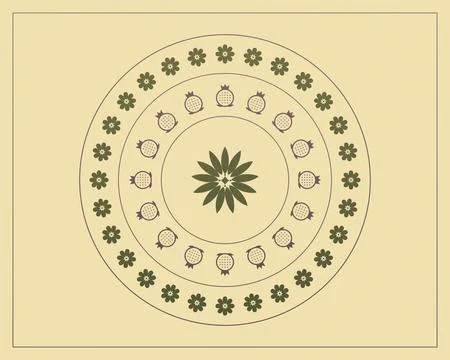 A large circular mandala arranges pomegranates and repeated flowers around .. Stock Illustration