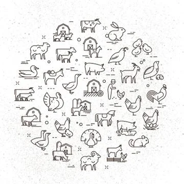 Large circular vector icon set of rural animals in linear style for logos Stock Illustration