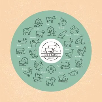 A large circular vector icon set of rural animals in a linear style for logos Stock Illustration