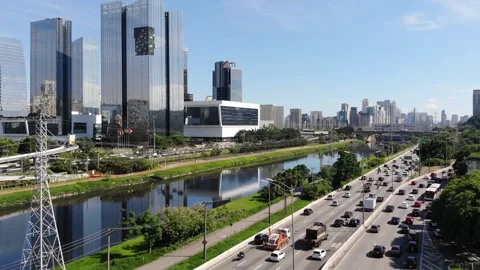 A Large City Drone View With A River, Highway And High-Rises (Sao Paulo, Brazil) Stock Footage 191582794