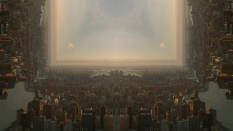 Large city at sunset, Various buildings in urban borough. Abstract computer Stock Footage 196196743