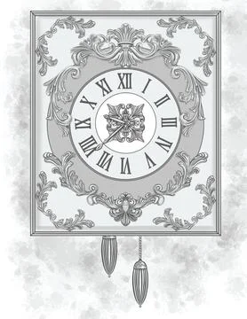 Large Classical Clock With Beautiful Carving Designs Colorless Line Drawing.. Stock Illustration