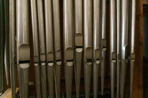 A large classical organ inside the Catholic Church.  A keyboard wind musica.. Foto stock
