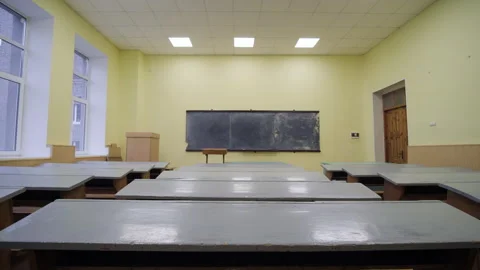 Large Classroom, Lecture Hall With Retro Vintage Desks And Blackboard Stock Footage 262865920